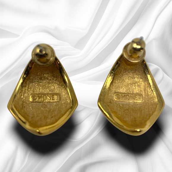 Vintage 1980s Monet Red Enamel & Gold Tone Pierced Earrings Mogul Couture Runway - Picture 2 of 6